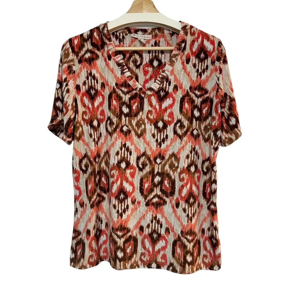 JM Collection Top Womens 0X Paisley Orange Tan Short Sleeve Jacquard Stretch - Picture 1 of 6